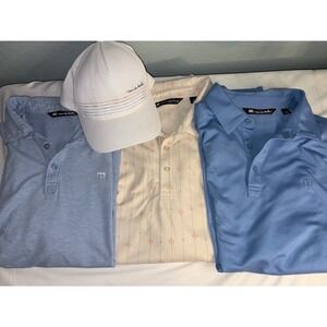 TravisMathew Mens Polo Shirt Bundle and Hat Blue Cream Floral Size L XL 4pc Lot